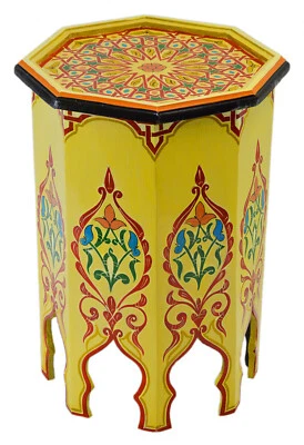 Moroccan Handmade Wood Table Side Delicate Hand Painted Exquisite Light Yellow - Image 1 of 4