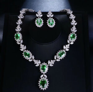 18k Platinum Plated Necklace Earrings made w Swarovski Lab-Created Green Emerald