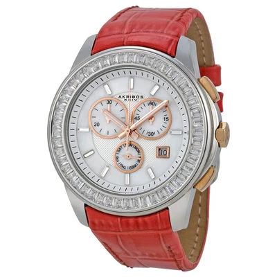 NEW Akribos XXIV AK621RD Women's Lady Diamond MOP Chrono Coral Red Leather Watch - Image 1 of 4