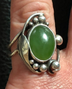 VTG Sterling Silver Jade Ring Imperial Green Southwest Modernist sz5.75 925 3840