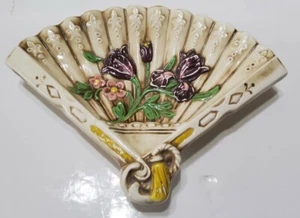 Vintage Ceramic Floral Fan Shaped Trinket Dish Hand Painted Glazed 8.5x6.5 - Picture 1 of 5
