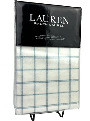 Ralph Lauren STANDARD Flannel Pillowcases Millerton Plaid 100% Cotton Blue White - Image 1 of 4