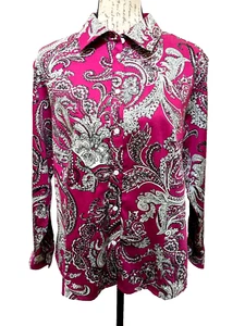 Talbots Blouse 14WP Fushia Black White Paisley Cotton Sateen Nice - Picture 1 of 15