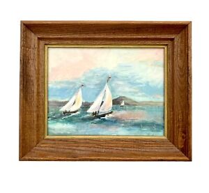 Peinture voile bateau art nautique original dans cadre bois décoration de bureau vintage