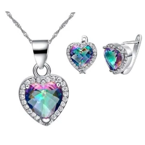 Fashion Woman's Jewellery Set Silver Heart Topaz Earrings Necklace Ladies Girls - Picture 1 of 1
