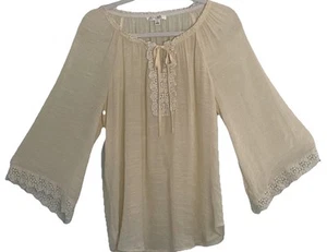 Sheer Peasant Top Ivory L Crochet Lace Bell Sleeves Cottage Hippie Boho Festival - Picture 1 of 16