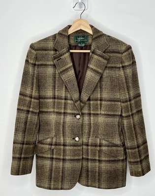 VTG Lauren Ralph Lauren Tweed Wool Equestrian Blazer Womens 6 Brown Plaid Jacket - Image 1 of 4