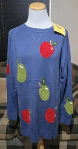 VTG Quacker Factory Womens M Blue Tossed Apples Tunic Knit Sweater Teacher NEW - Picture 1 of 20