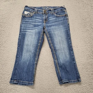 Ariya Jeans Womens Sz 9/10 Capris Denim Blue Stretch Distressed Whiskers 30x20 - Picture 1 of 10
