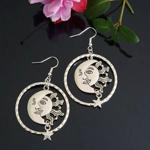 Large Dangle Drop Crescent Moon And Sun And Stars Silver Earrings - Picture 1 of 4