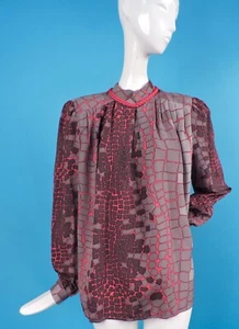 VINTAGE DESIGNER VALENTINO PRINT SILK JERSEY BLOUSE W RED BRAID TRIMS - Picture 1 of 6