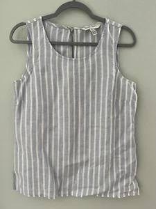 Camicia Ellen Tracy 100% lino S piccola a righe blu top spiaggia resort abbigliamento da viaggio - Foto 1 di 4