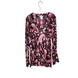 John Paul Richard Uniform XL Floral Paisley Black & Pink Long Sleeve Top - Picture 1 of 4