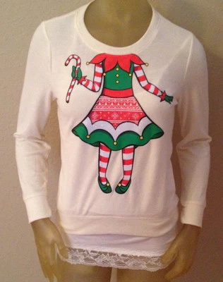 NWT Self Esteem ELF Christmas CROPPED Shirt Top Sweatshirt Juniors Large L - Image 1 of 2