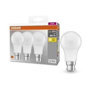 Osram GLS LED 9W (60W) B22, BC, Bayonet, 2700k Warm White Frosted Bulbs (3 Pack) - Picture 1 of 12