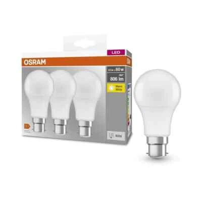 Osram GLS LED 9W (60W) B22, BC, Bayonet, 2700k Warm White Frosted Bulbs (3 Pack) - Image 1 of 4