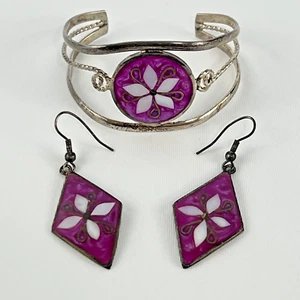 STERLING SILVER Mexico Alpaca Earrings and Cuff Bracelet SET - Picture 1 of 6