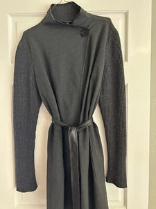 LAFAYETTE 148 Women's Gray Black Duster Cardigan Coat One Button Tie Waist Sz L - Picture 1 of 8