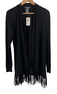 Chelsea & Theodore Womens Black Fringe Open Front Cardigan Long Sleeve MED - Picture 1 of 11