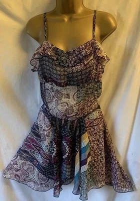 Chiffon Sheer Patchwork Asymmetrical Strappy Hanky Hem S/M Autunn Long Tunic Top - Image 1 of 4