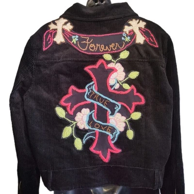 Chaqueta corta de pana estilo Y2K bordada True Love para mujer XL negra cremallera detalle Foto 1 de 4