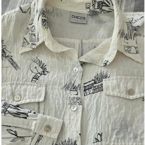 Chico's Linen Silk Abstract Print Long Sleeve Button Down Camp Shirt Sz 2/L - Picture 1 of 6