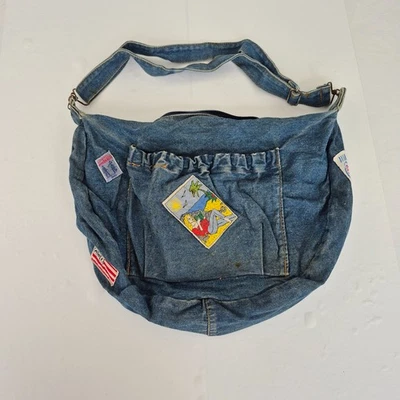 Denim Bag Blue Handbag Small Top Handle Vintage Embroidered Badges - Image 1 of 4