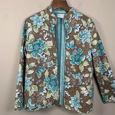 Chaqueta Alfred Dunner Marrón/Azul/Floral/Rayas Frente Abierto Talla 16 Foto 1 de 4