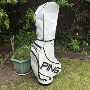 Vintage Ping Faux Leather Golf Bag With Rain Hood Cover White Carry Caddy - Picture 1 of 20