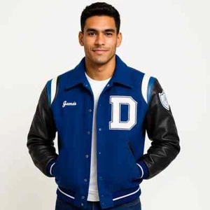 Herren Royalblau Wolle College Jacke mit schwarzen Lederärmeln & D Patch Custom - Bild 1 von 6
