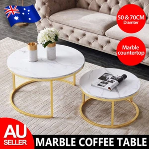Coffee Table Set of 2 Round Nesting Table Marble Pattern Side Table End Table - Picture 1 of 12