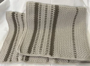Handmade Knit Baby Blanket Beige w Taupe Stripe 33"x 24" Afghan Throw Nursery - Picture 1 of 4