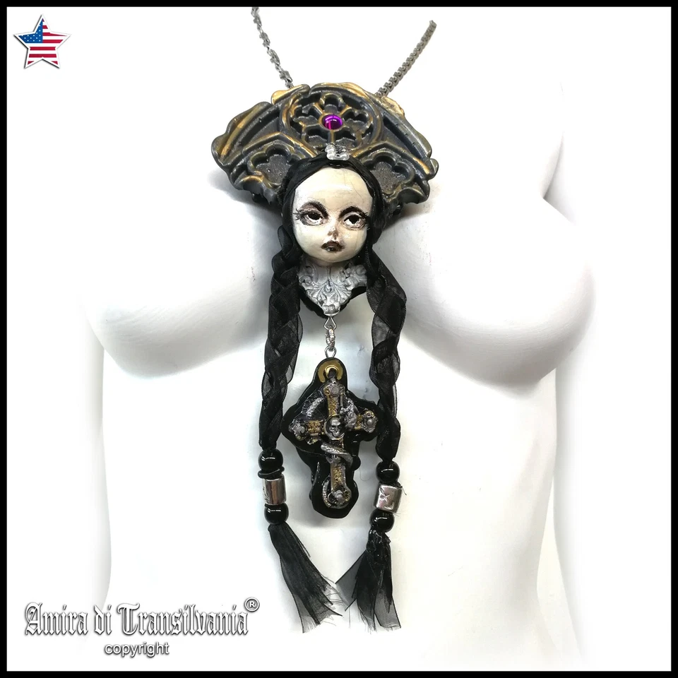 Doll Head Jewelry Necklace Pendant Fairy Wednesday Addams Gothic Dark Luxury Bib - Image 1 of 4