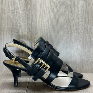 Michael Kors Sandals Sz 7M Melanie Gold Buckle Slingback Stiletto Leather Black - Picture 1 of 13