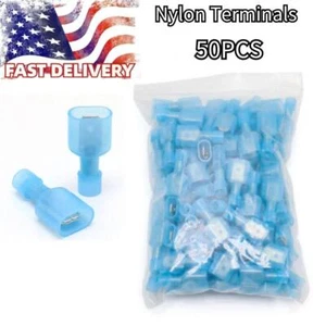 50PCS Nylon Male Insulated Wire Terminal Spade Crimp Connector 16-14 Gauge Blue - Picture 1 of 6