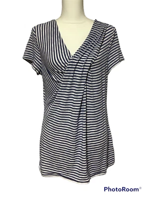 Camisa Top Relativity Mujer Talla Grande Azul Blanco Rayas Drapeado Frontal Informal Foto 1 de 4