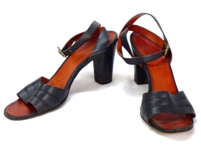 Sandálias Bruno Magli salto couro preto tiras salto bloco retrô Itália tamanho Reino Unido 5 - Imagem 1 de 4