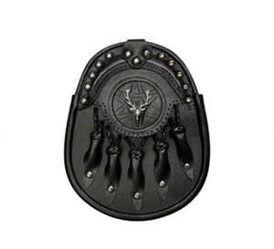 Esporrano escocés de cuero negro para hombre con cadena y correa esporrano celta en relieve - Imagen 1 de 2