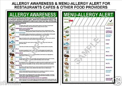 COMPLIANCE POSTERS UK 2 A4 POSTERS FOOD ALLERGY AWARENESS+MENU ALERT ALLERGEN LAW SIGN 2015 UP TO DATE
