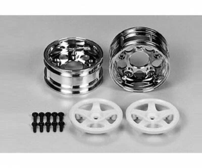 TAMIYA TOURENWAGEN FELGEN 5-SPEICHEN 2-TEILIG 1:10 CHROM/WEISS 26mm # 300050672 - Bild 1 von 4