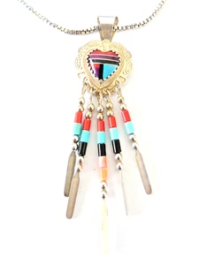 VINTAGE ZUNI STERLING SILVER NECKLACE CHOKER INLAY NATIVE DESIGN - Picture 1 of 8