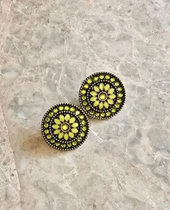 Vintage 1990 Antik Ton Emaille Strass Clip Ohrringe Grün Rund Metall - Bild 1 von 4