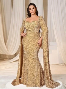 Faeriesty Dress Sweetheart Neck Extra-Long Sleeves Sequin Evening CHAMPAGNE L - Picture 1 of 12
