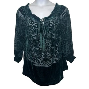 Sundance Mezcla Seda Verde Terciopelo Burnout Campesino Top Talla Mediana Corbata Bohemia - Imagen 1 de 6