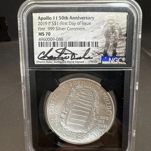 2019 P $1 Silver Apollo 11 50th Anniversary NGC MS70 FDOI Charlie Duke Signature - Picture 1 of 5