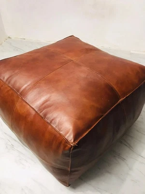 Leather Pouf Moroccan Footstool Boho Ottoman Claasic Genuine Pouffe Handmade - Image 1 of 4