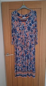 Per Una Weekend Midi Dress with stretch Tieback 3/4 Sleeves Size 14 Blue/orange - Picture 1 of 8