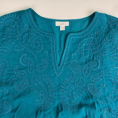 J Jill Women's Size XL V Neck Tunic Teal Top Shirt Cotton Blend Embroidered - Image 1 of 4