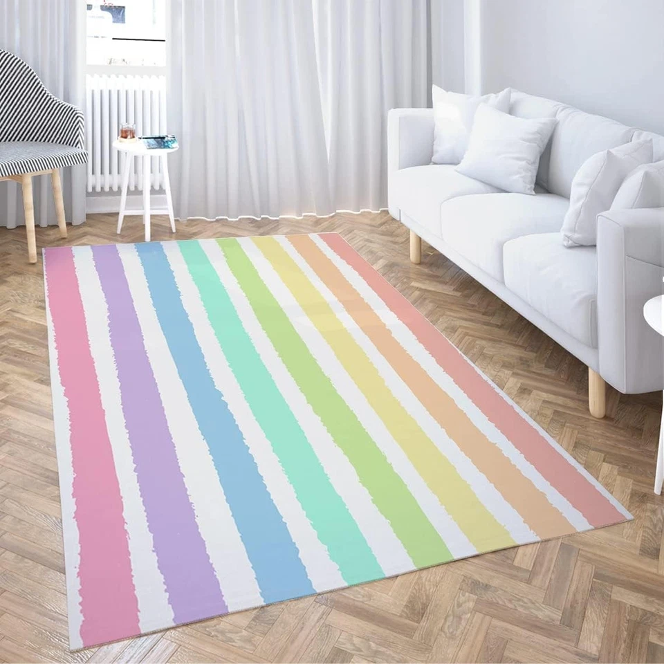 Non-Slip Area Rugs Watercolor Pastel Brush Strokes Striped Blue Rainbow Patte... - Image 1 of 4