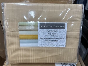 JUEGO DE SÁBANAS KING 700 CT COLECCIÓN MANHATTAN ORO PIN RAYAS NUEVO ¡HERMOSO! - Imagen 1 de 3